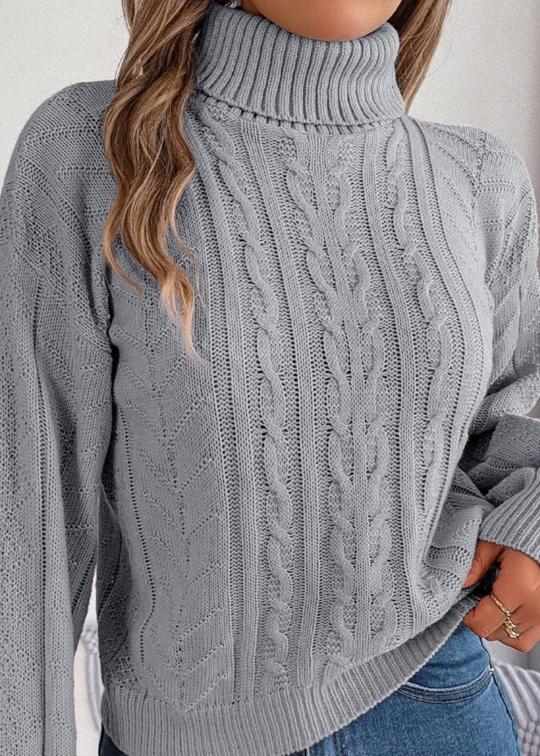 Loose High Collar Twist Long Sleeve Knitted Pullover Sweater