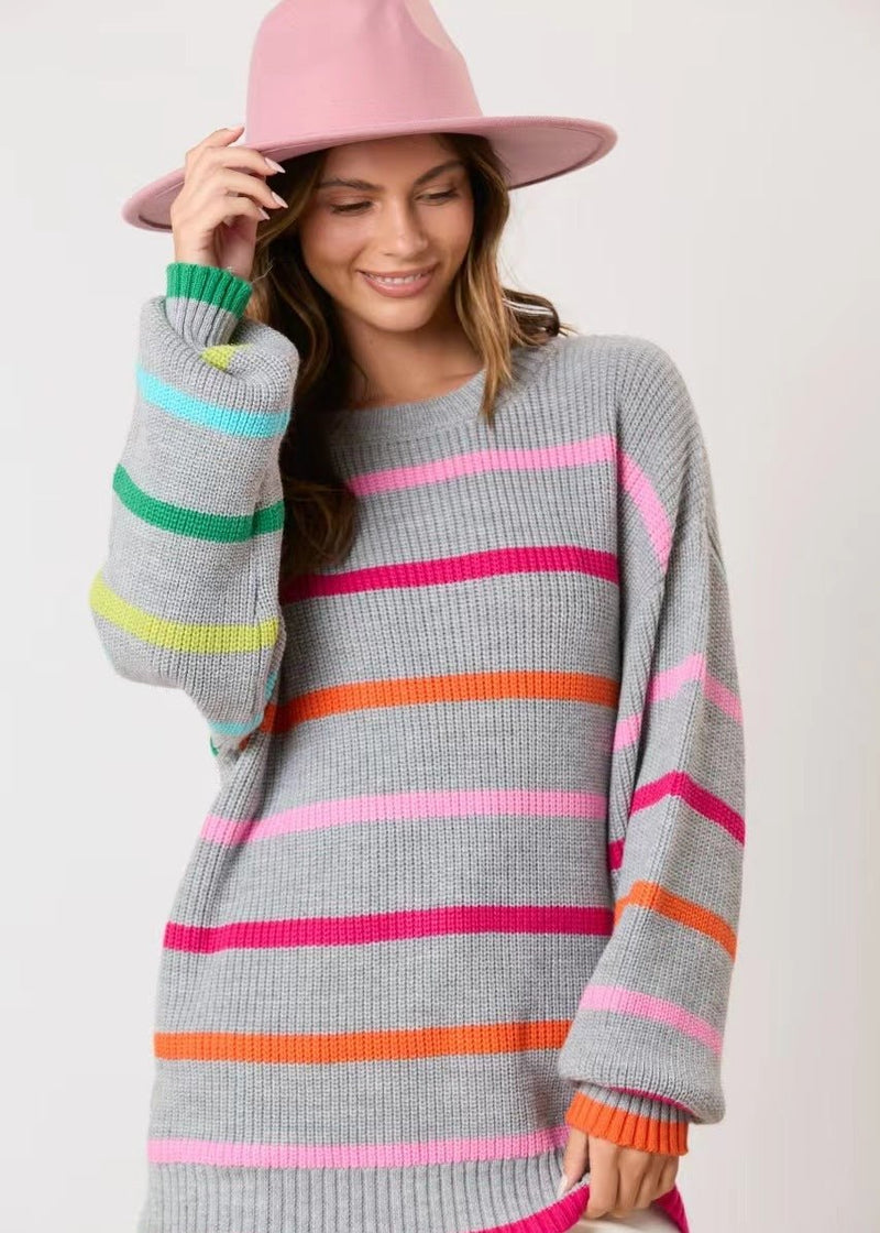 Colorful Striped Knit Sweater - Round Neck Long Sleeve