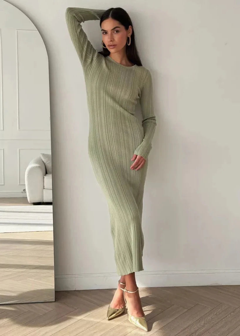 Elegant Ribbed Knit Long Sleeve Dress