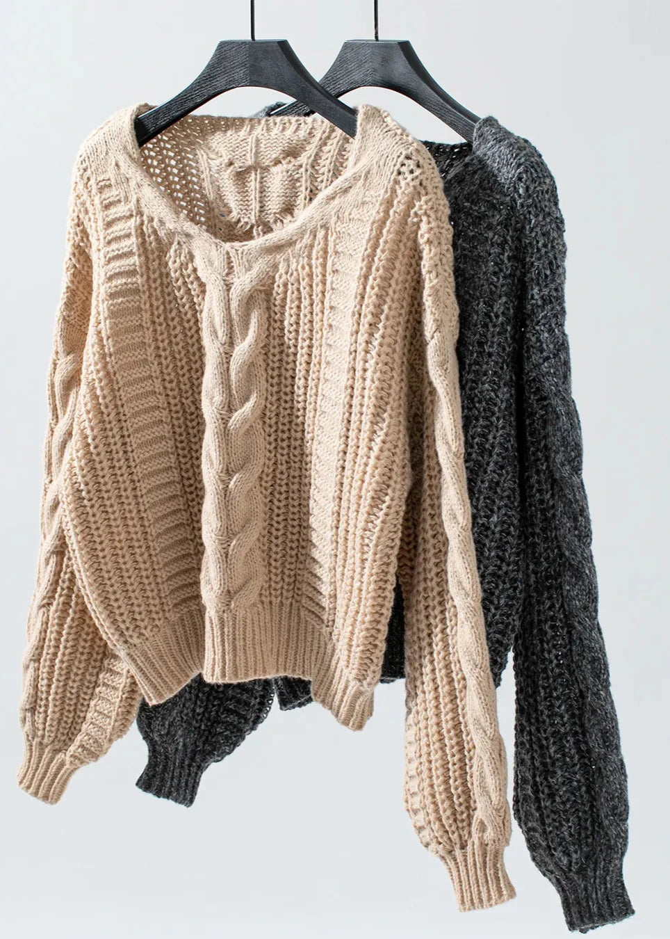 Cozy Cable Knit Lantern Sleeve Sweater - Soft Chunky Knit for Autumn/Winter