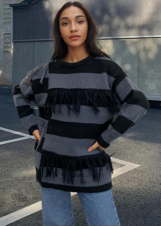 Contrast Color Tassel Sweater Sweater Striped - VibeSoothe