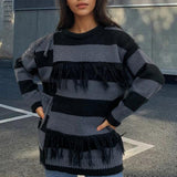 Contrast Color Tassel Sweater Sweater Striped - VibeSoothe