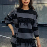 Contrast Color Tassel Sweater Sweater Striped - VibeSoothe