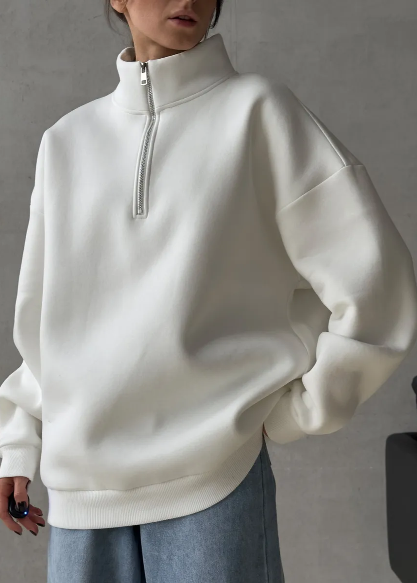 Ivory Drift - Oversized Half-Zip Fleece Pullover with Tall Collar
