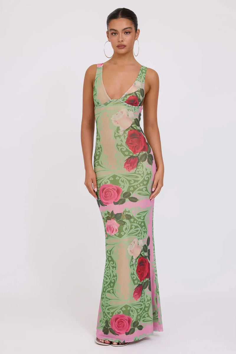 Printed V-neck Slim Fit Maxi Dress