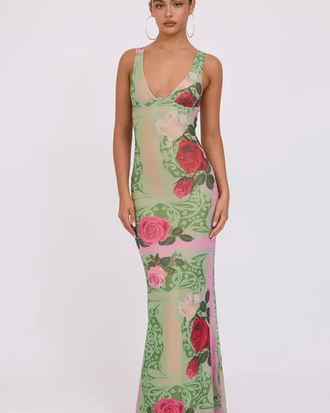 Printed V-neck Slim Fit Maxi Dress