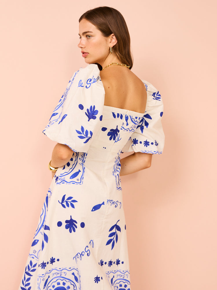 Robe midi méditerranéenne à manches bouffantes