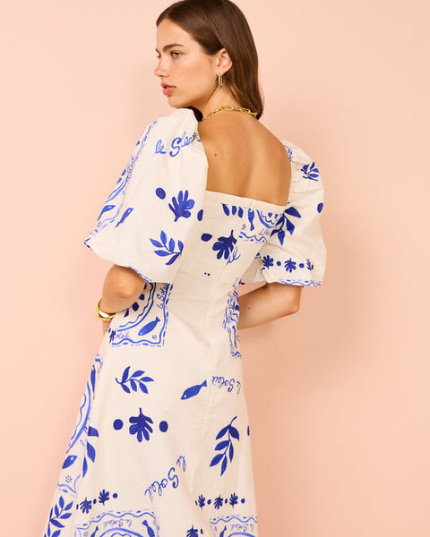 Mediterranean-Puff Sleeve Midi Dress