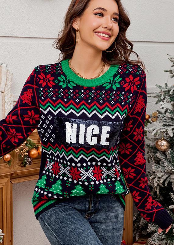 Festive Glow Sequined Christmas Sweater - Jacquard Embroidery