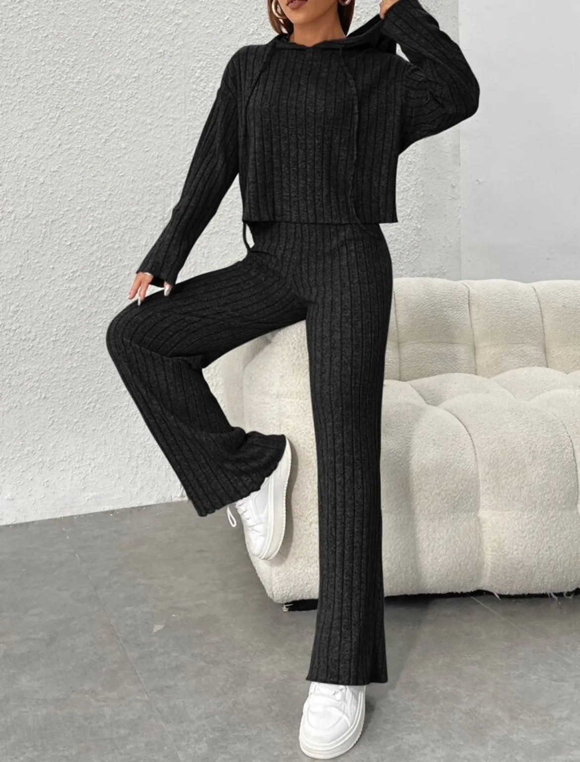 Cozy Ribbed Knit Hoodie and Pants Set