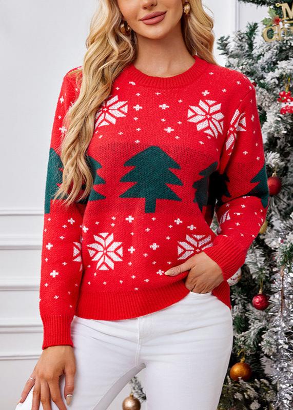 Women's Christmas Tree Jacquard Pullover Knitted Sweater - VibeSoothe