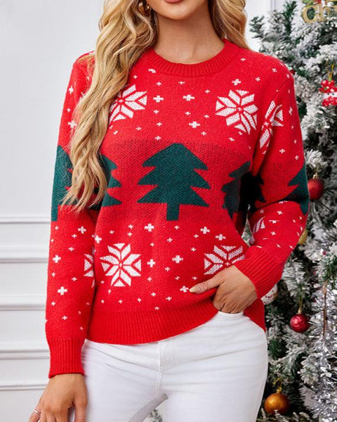 Women's Christmas Tree Jacquard Pullover Knitted Sweater - VibeSoothe