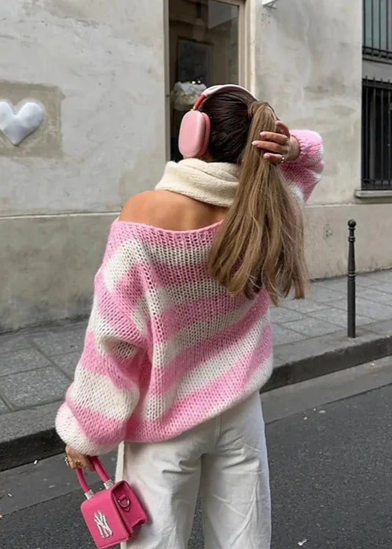 Relaxed Striped Knit Off-Shoulder Sweater