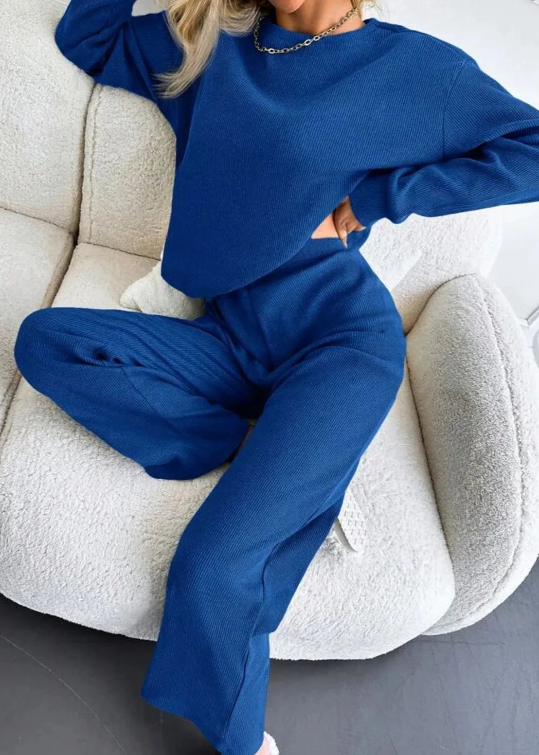 Sky Blue Ribbed Knit Lounge Set