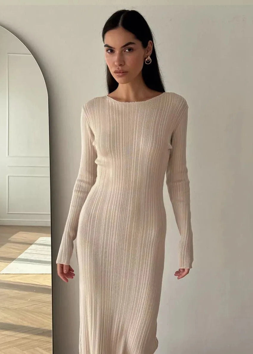 Elegant Ribbed Knit Long Sleeve Dress