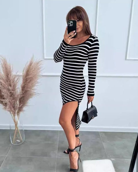 Striped Chic - Side Slit Bodycon Dress