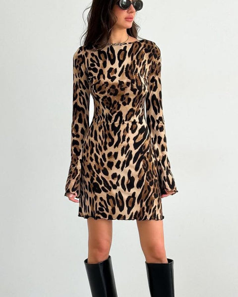 Savannah Fierce - Leopard Print Long Sleeve Mini Dress