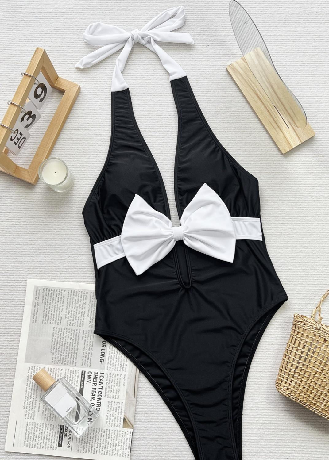 Monaco Bow - Halter Neck One Piece Swimsuit with White Front Tie