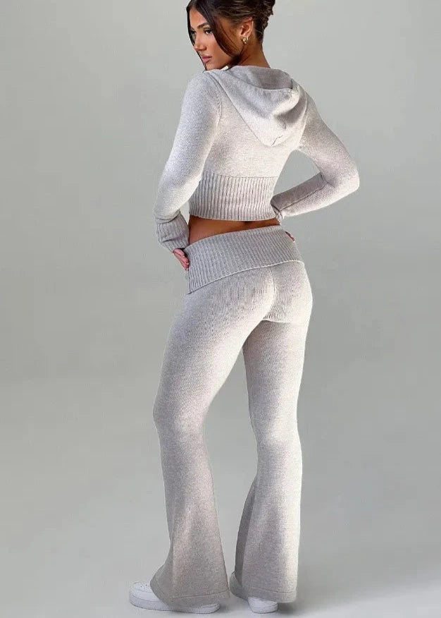 Ensemble Sweat à Capuche Ajusté et Pantalons Évasés Bliss Knit