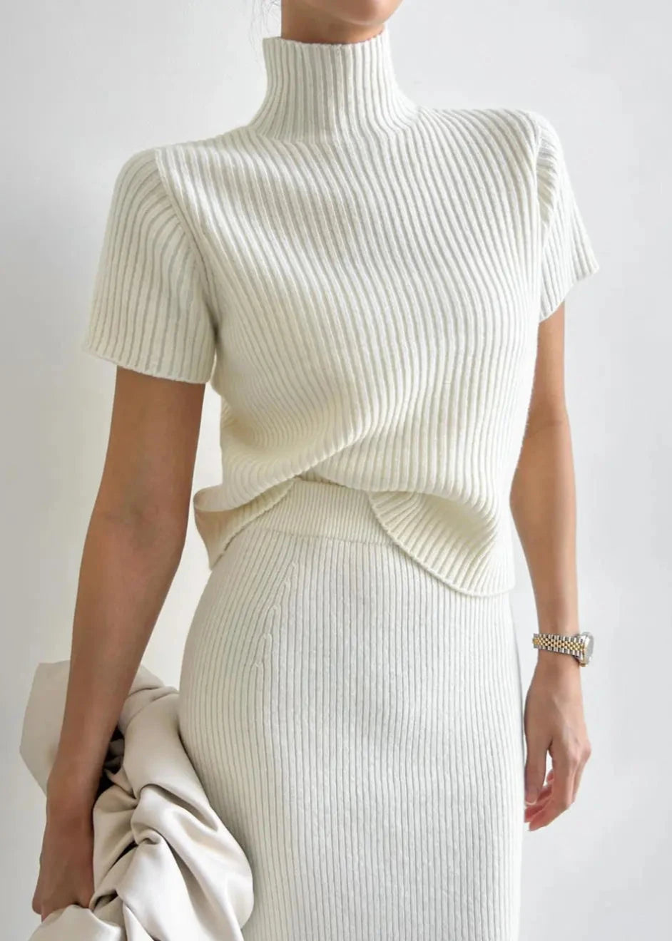 Minimalist Mock Neck Knit Skirt Set