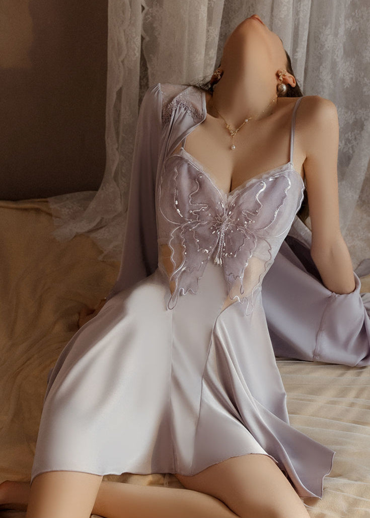 Celestine - Butterfly Embroidered Satin Sleepwear Set