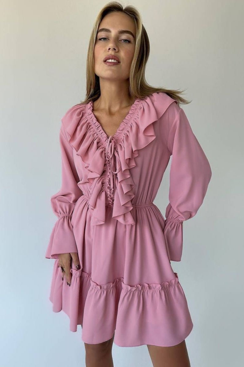 Amelia Breeze - Ruffle Long Sleeve Mini Dress - VibeSoothe