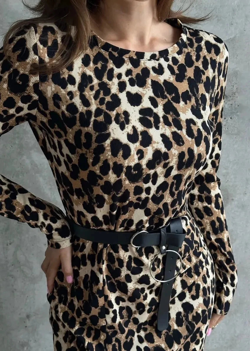 Leopard Print Bodycon Dress with Belted Waist