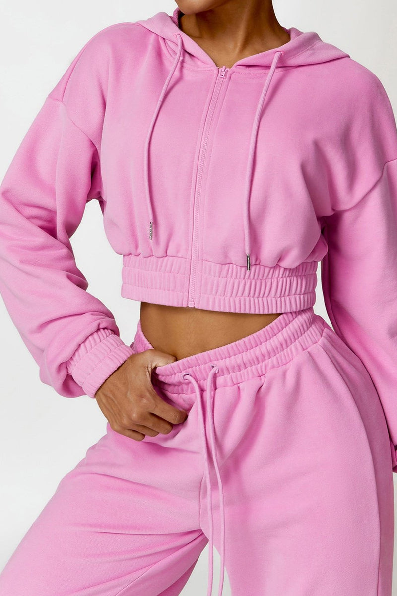 Pink Cropped Hoodie Set - Zippered Long Sleeve Lounge Wear