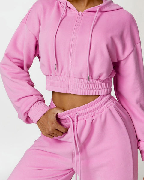 Pink Cropped Hoodie Set - Zippered Long Sleeve Lounge Wear