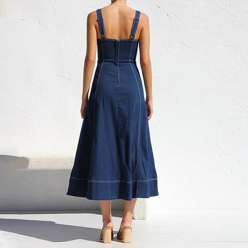 Robe mi-longue boutonnée en denim Santorini Indigo