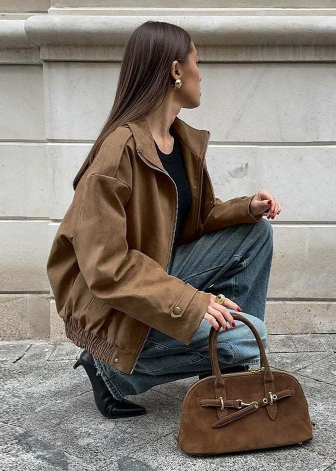 Chaqueta bomber de ante sintético Sienna – Sobredimensionada con cremallera y hombros caídos