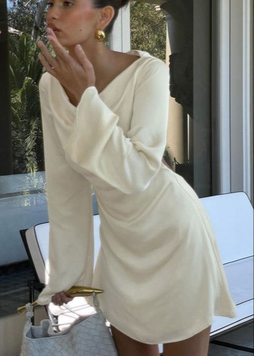 Ivory Satin Mini Dress – Long Sleeve Open Back Cocktail Dress