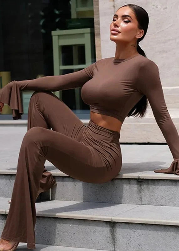 Chic Allure - Brown Long Sleeve Slim Fit Two-Piece Set