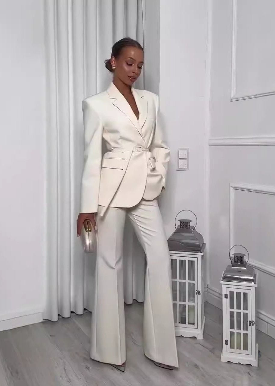 Elegant Belted Blazer & Trouser Business Suit Set - Ivory