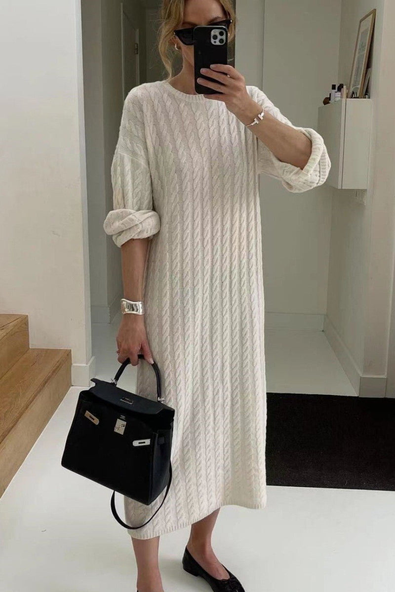 Luxe Cable Knit Wool Midi Dress – Effortless Elegance