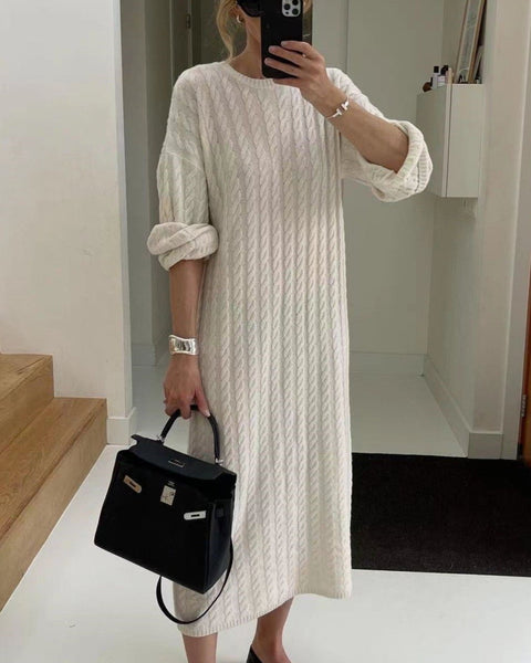 Luxe Cable Knit Wool Midi Dress – Effortless Elegance