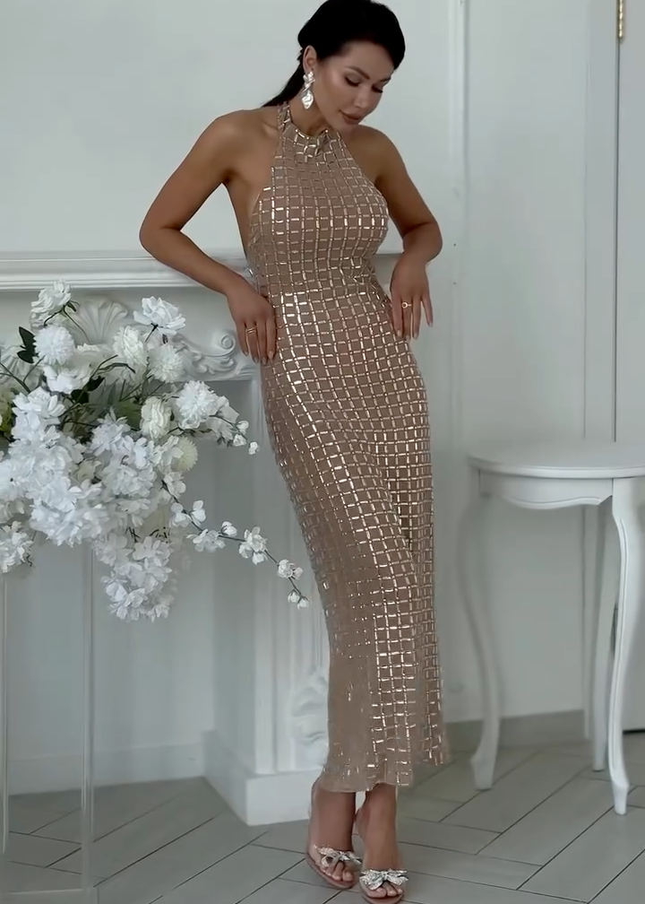 Lumière Grid Sequin Halter Maxi Dress