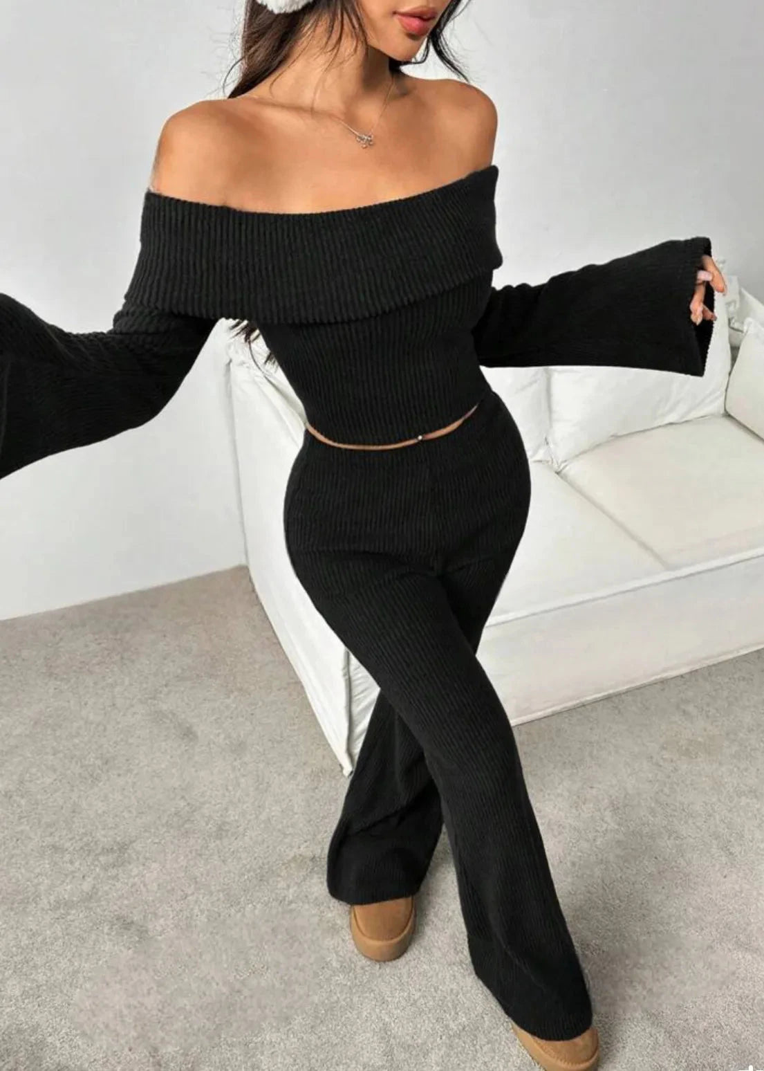 Off-the-Shoulder Ribbed Knit Lounge Set