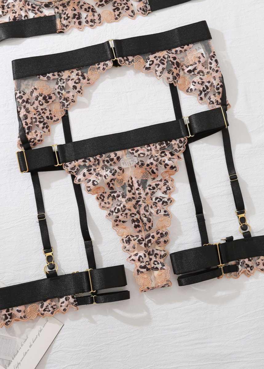 Leona - Embroidered Leopard Mesh Lingerie Set