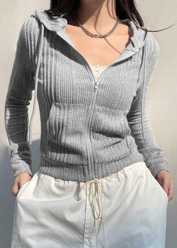 Gray Zippered Hooded Knit Cardigan Jacket