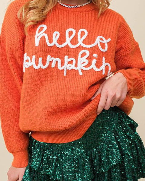 "Hello Pumpkin" Halloween Contrast Pullover Sweater