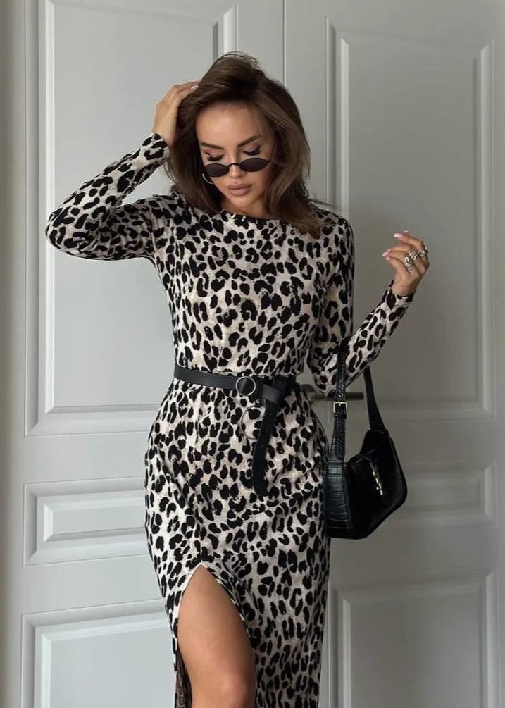 Leopard Print Bodycon Dress with Belted Waist