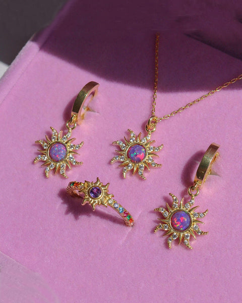 Retro Dopamine Sun Necklace Opal Pendant Opal Necklace Earrings