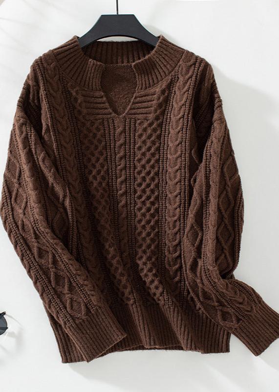 Chocolate Twist V-Neck Cable Knit Sweater