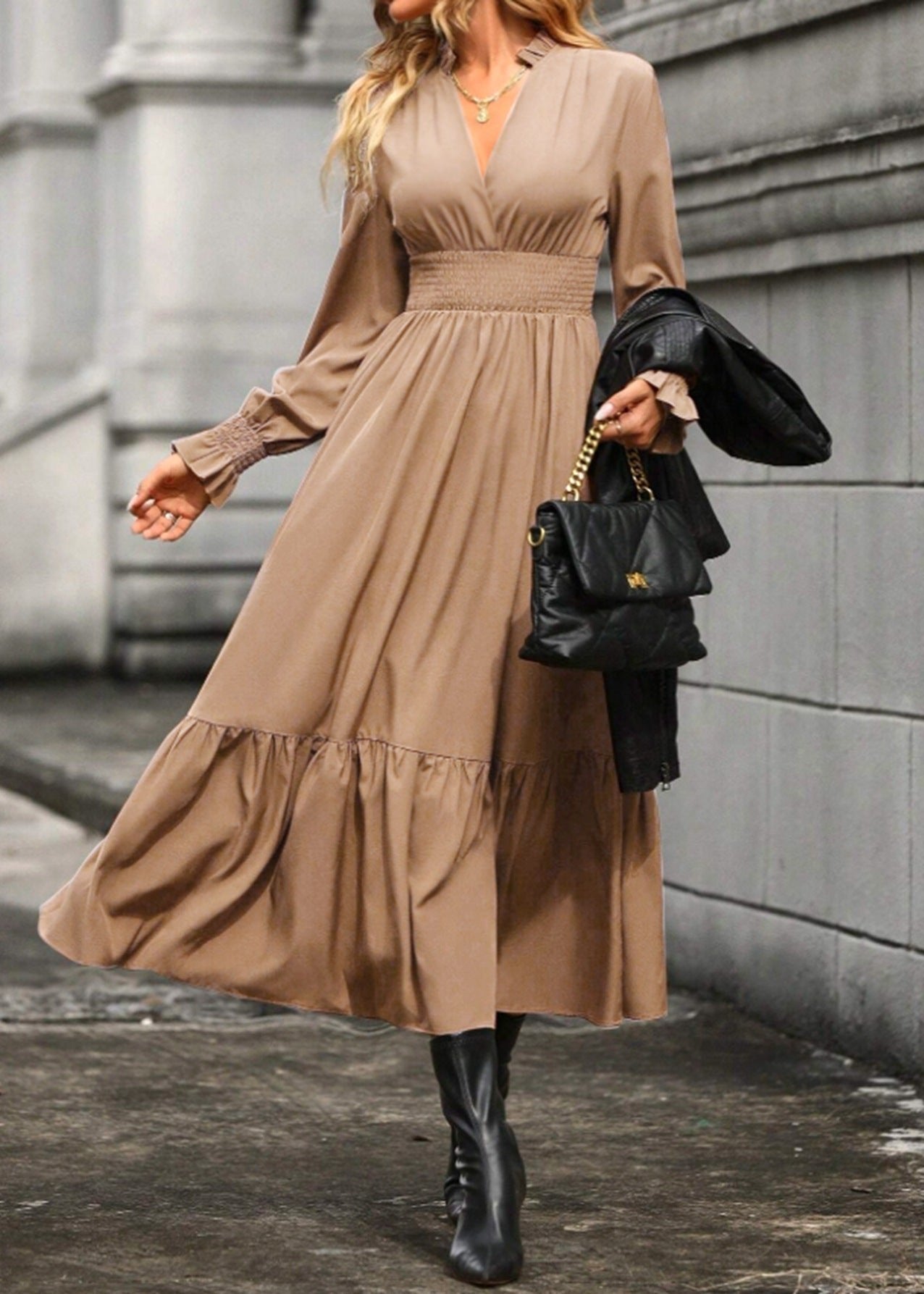 Lantern Sleeve V-Neck Dress