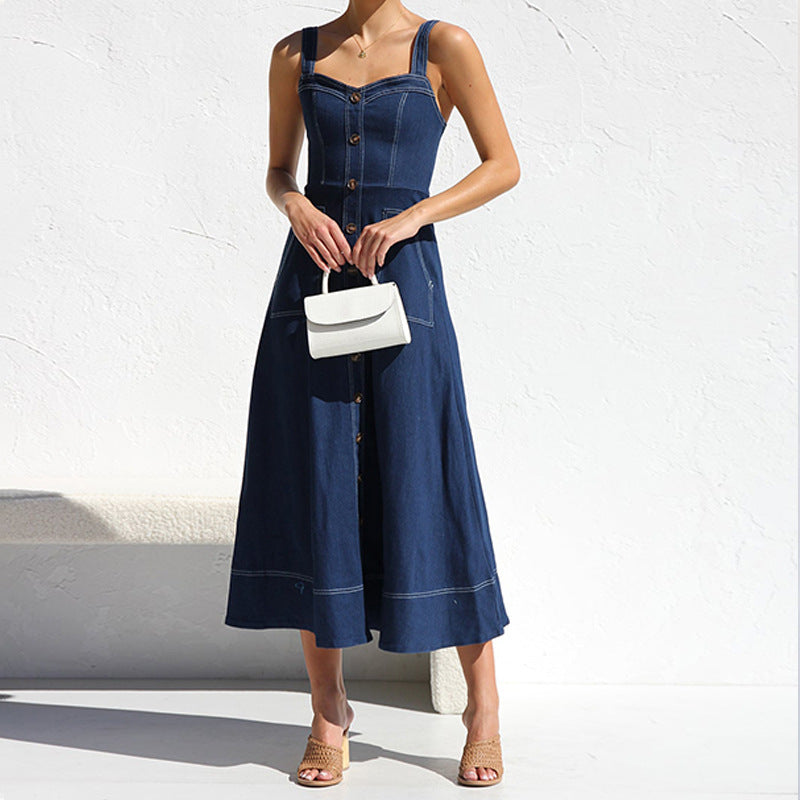 Robe mi-longue boutonnée en denim Santorini Indigo