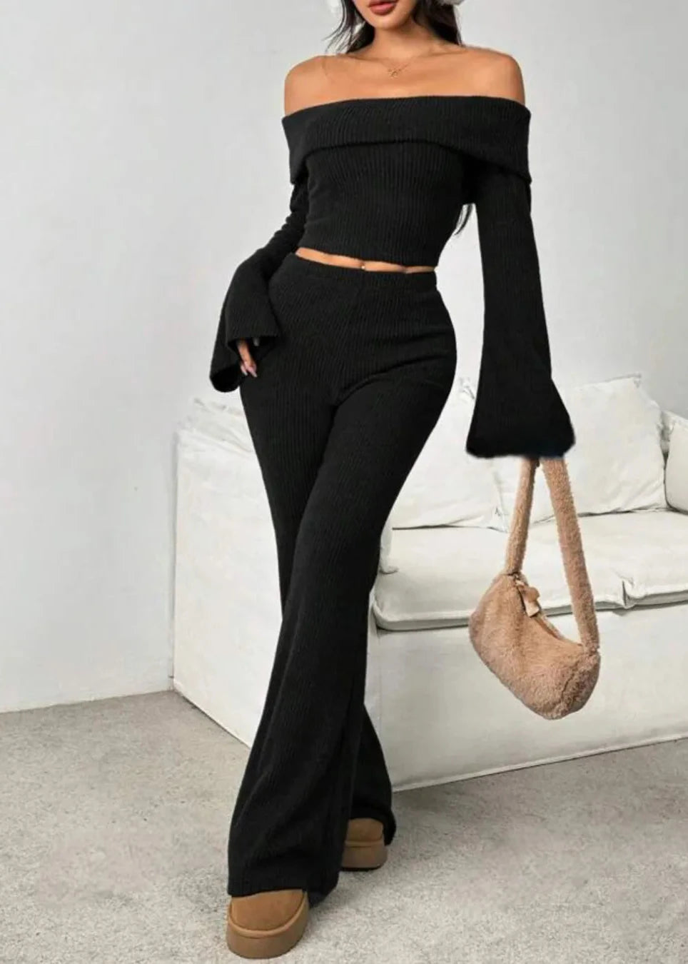 Off-the-Shoulder Ribbed Knit Lounge Set