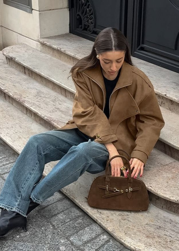 Chaqueta bomber de ante sintético Sienna – Sobredimensionada con cremallera y hombros caídos