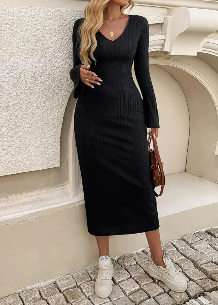 Timeless Ribbed Knit V-Neck Dress