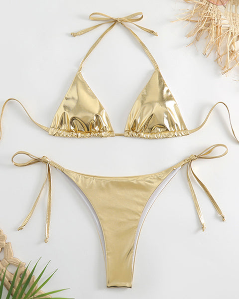 Cleo Triangle Lace-up Bikini Set - VibeSoothe